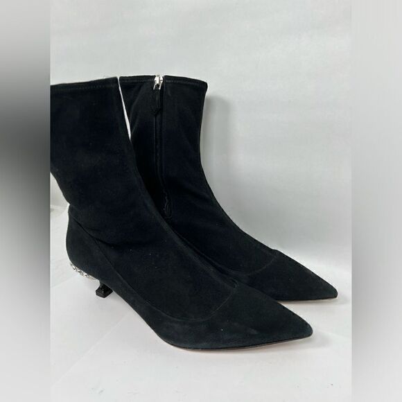 Miu Miu Women's Black Suede Kitten Heel Rhine Stone Sock Boots Size 40 US 10 - Picture 3 of 14